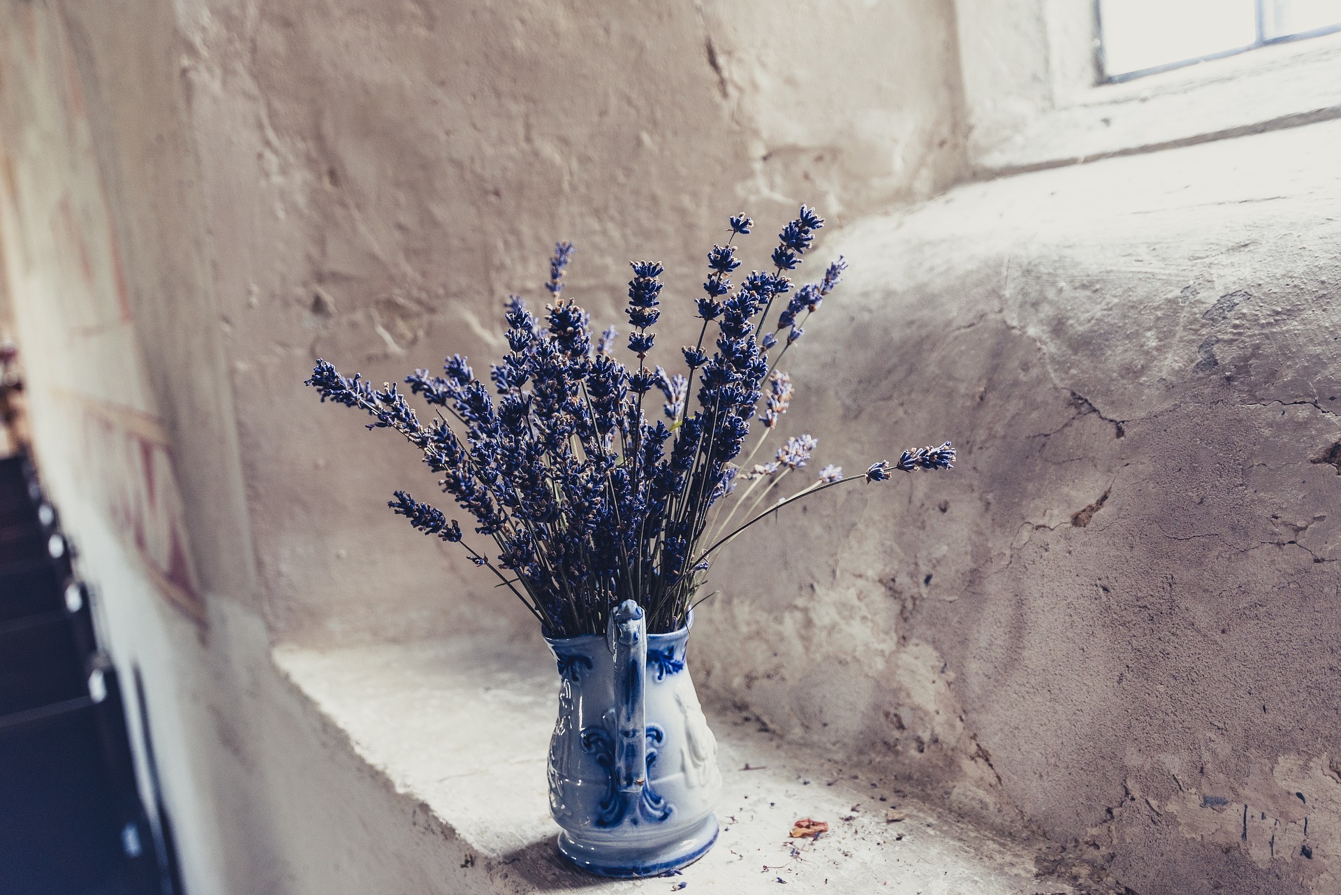 Stems of lavender in a small blue and white jug, upon a white stone windowsill