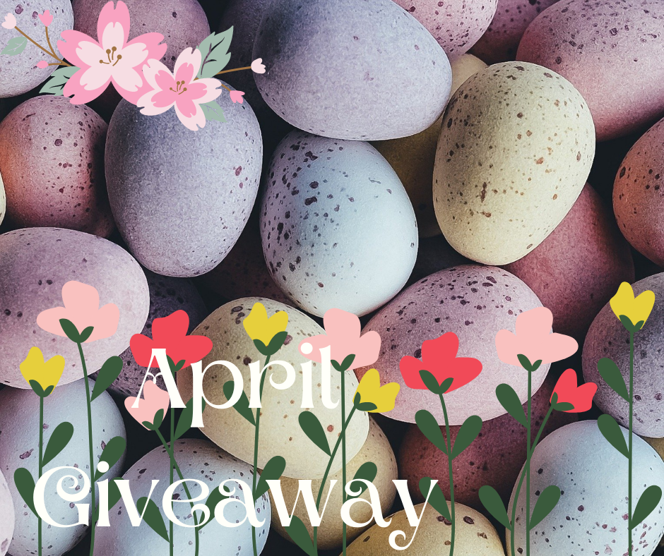 A pile of chocolate mini eggs with decorative flowers and text reading April Giveaway