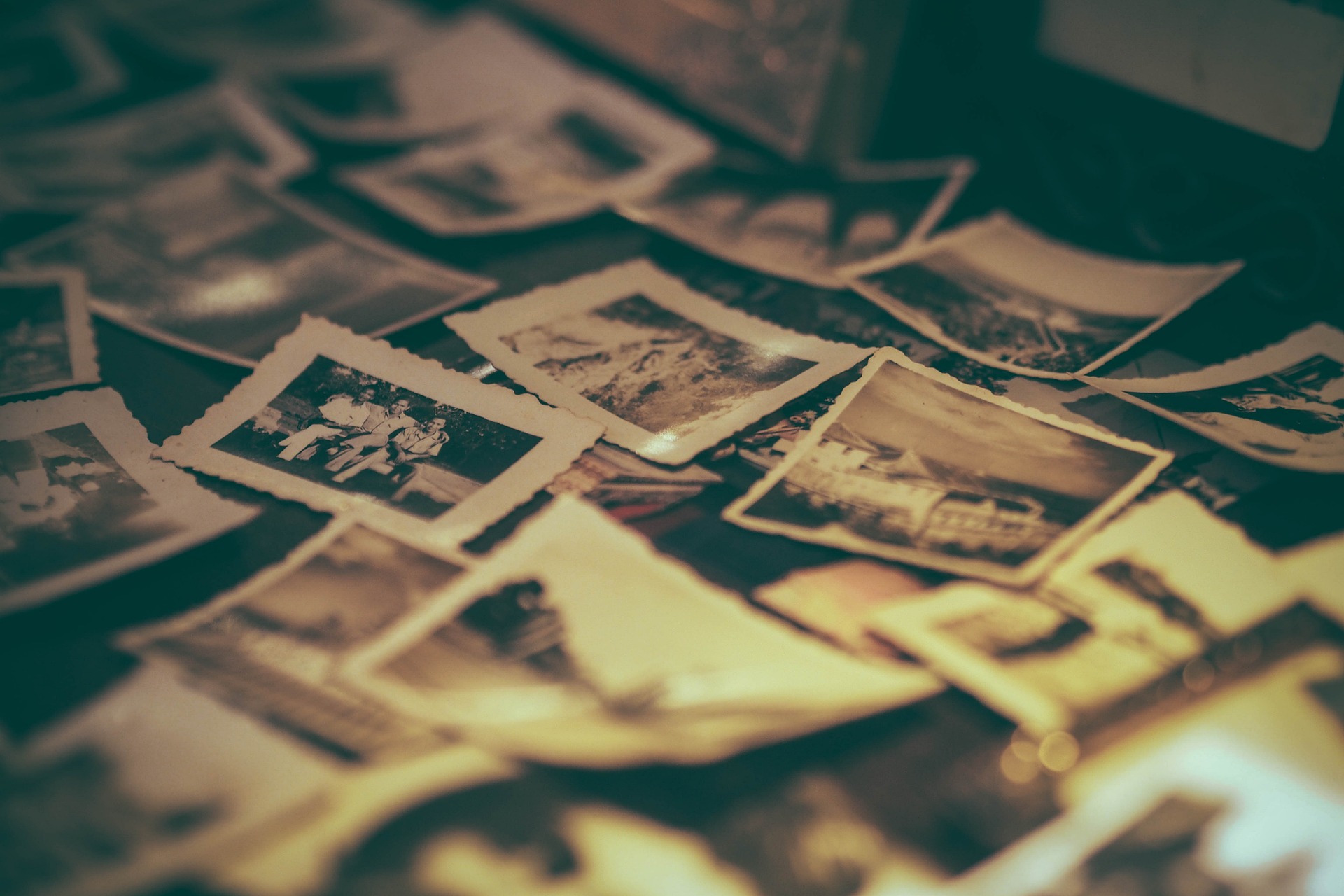 A black and white photo of an array of old black and white photographs spread out on a surface.