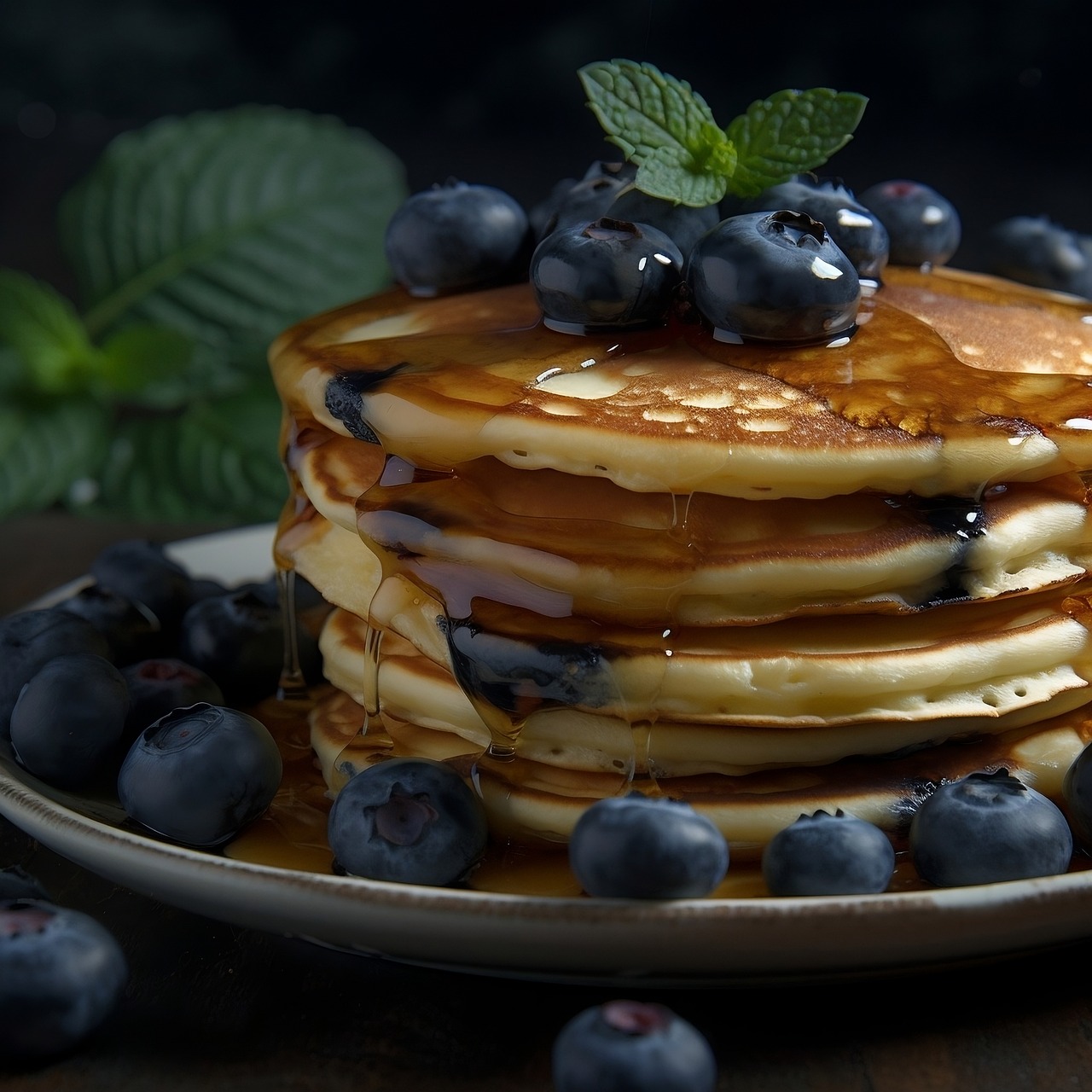A stack of American-style pancakes are on a plate. Sprinkled over them are blueberries. Drizzled on the top and down the sides of the pancakes in syrup.